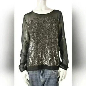 GESTUZ Black Grey Polyester Crepe Sequin Sparkle Sheer Evening Blouse  Medium